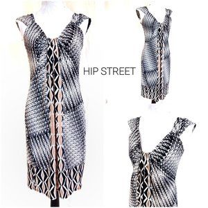 LONDON TIMES Optic Print Gathered Front Sleeveless Stretch Dress 10